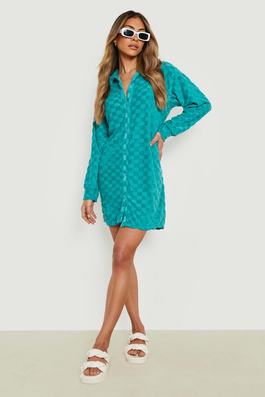 Blue Toweling Checkerboard Oversized Shirt Dress image number 1