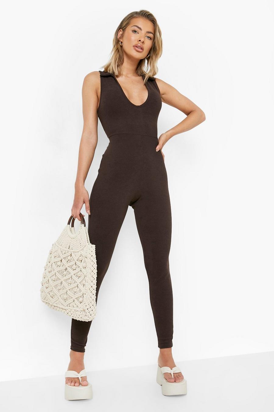 Chocolate marrone Towelling Sleeveless Fitted Jumpsuit image number 1