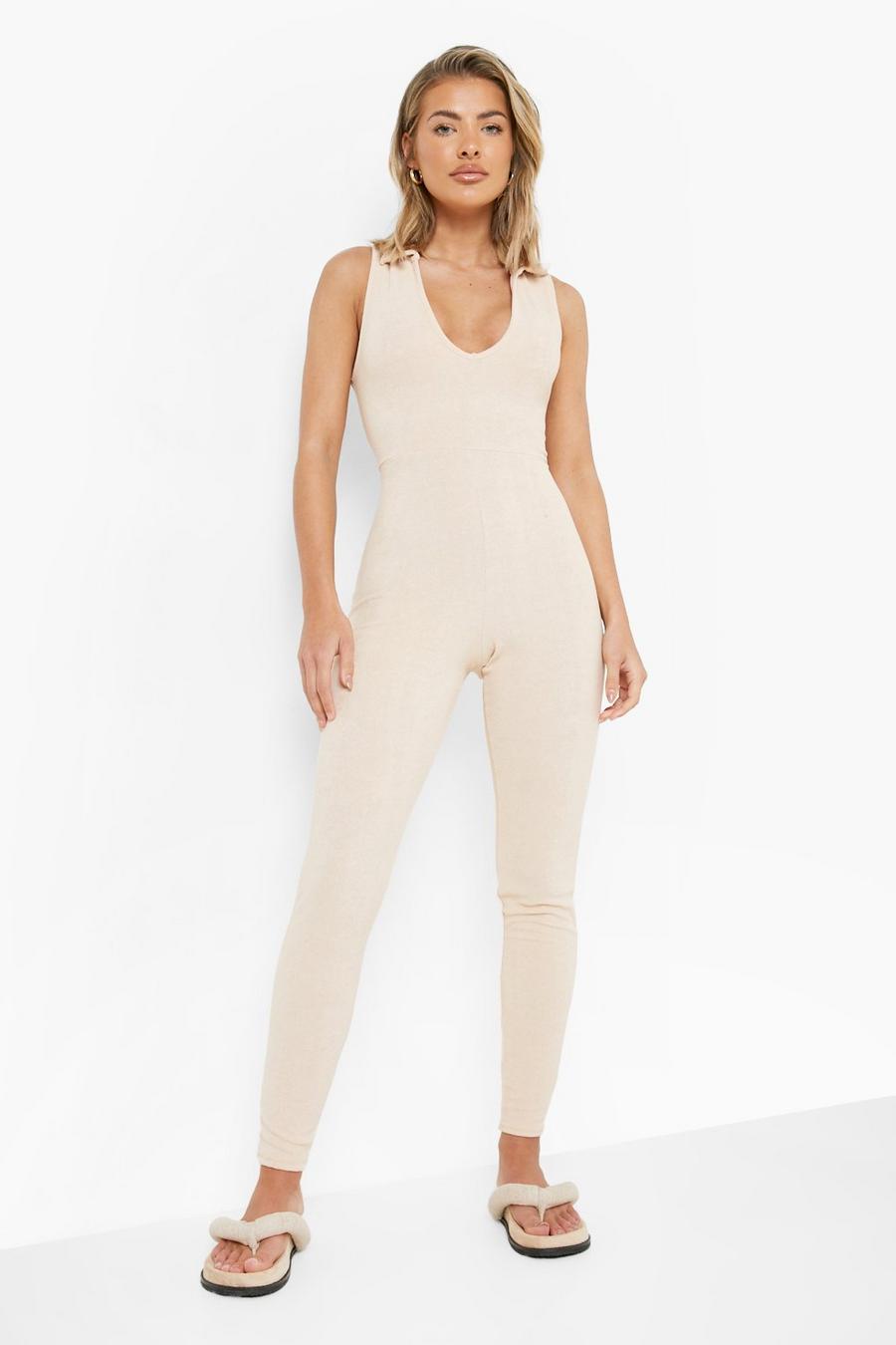 Stone beis Towelling Sleeveless Fitted Jumpsuit