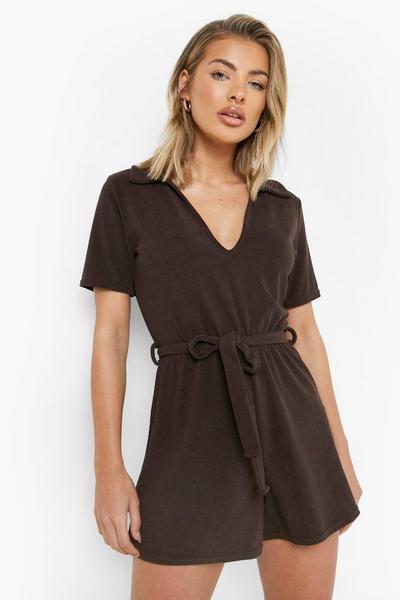 boohoo chocolate Towelling Belted Shirt Playsuit