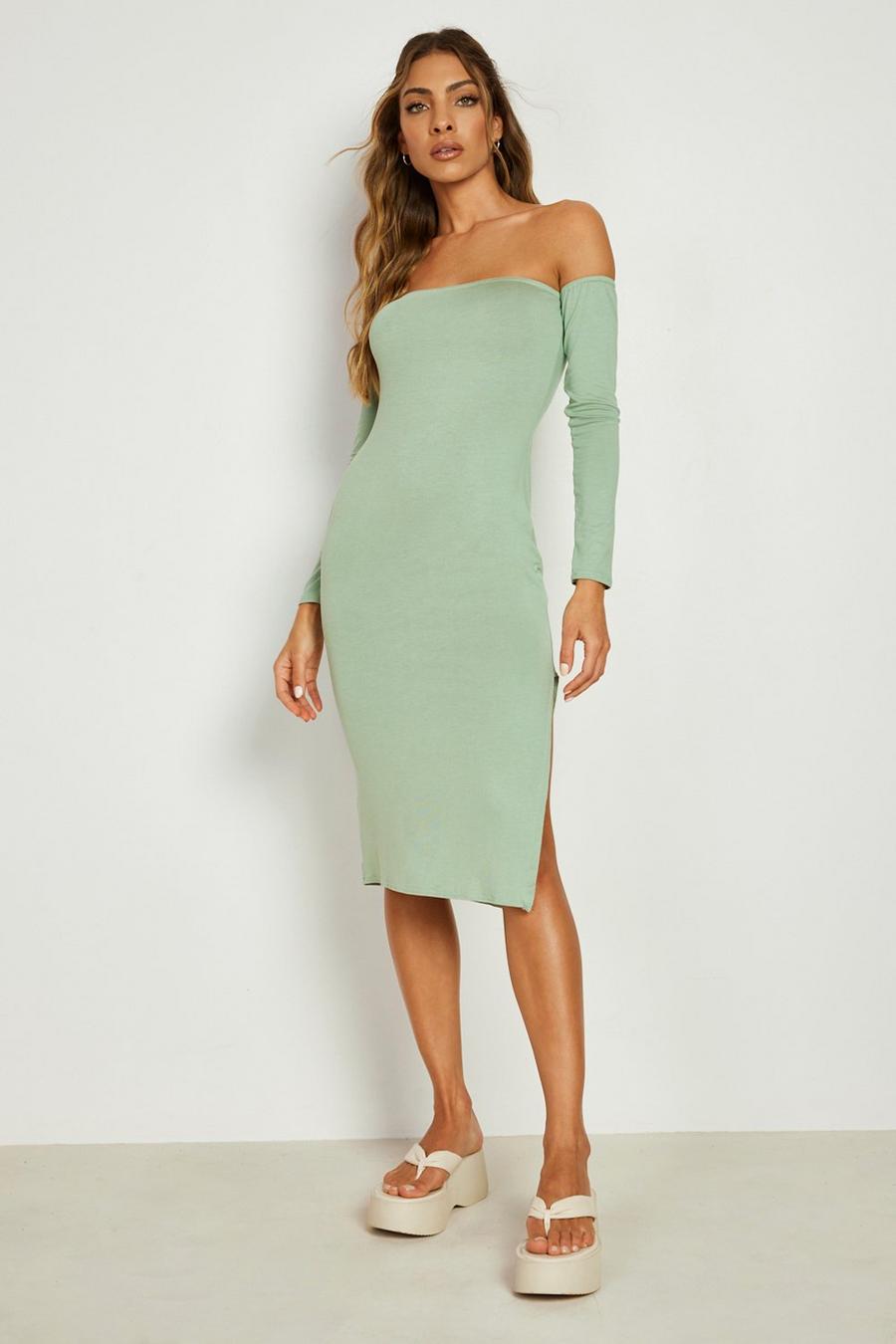 Sage green Bardot Split Side Midi Dress