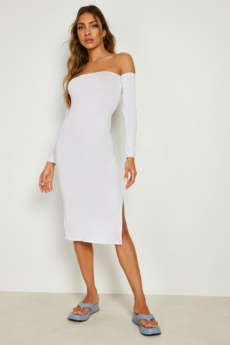 White Basic Off The Shoulder Split Side Midi Dress image number 1
