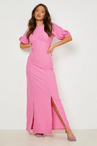 boohoo light pink Crinkle Puff Sleeve Split Hem Maxi Dress