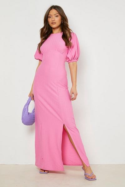boohoo light pink Crinkle Puff Sleeve Split Hem Maxi Dress