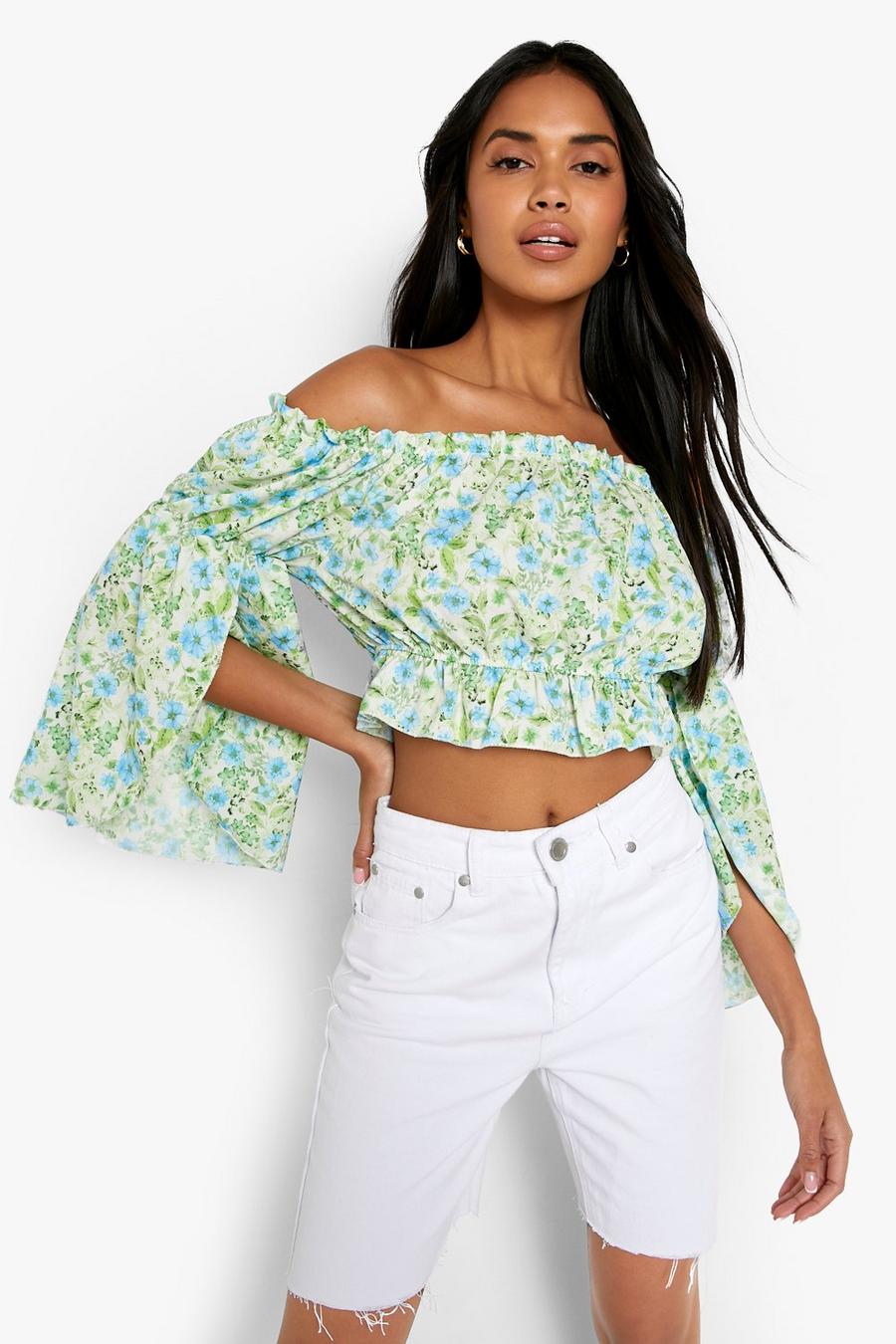 Blue Floral Off The Shoulder Volume Sleeve Top  image number 1