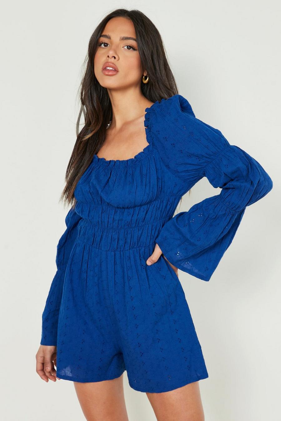 Blue Broderie Long Sleeve Shirred Playsuit image number 1