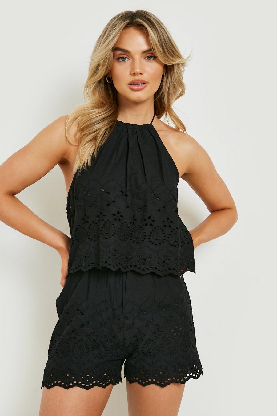 Black Broderie Tiered Strappy Playsuit image number 1
