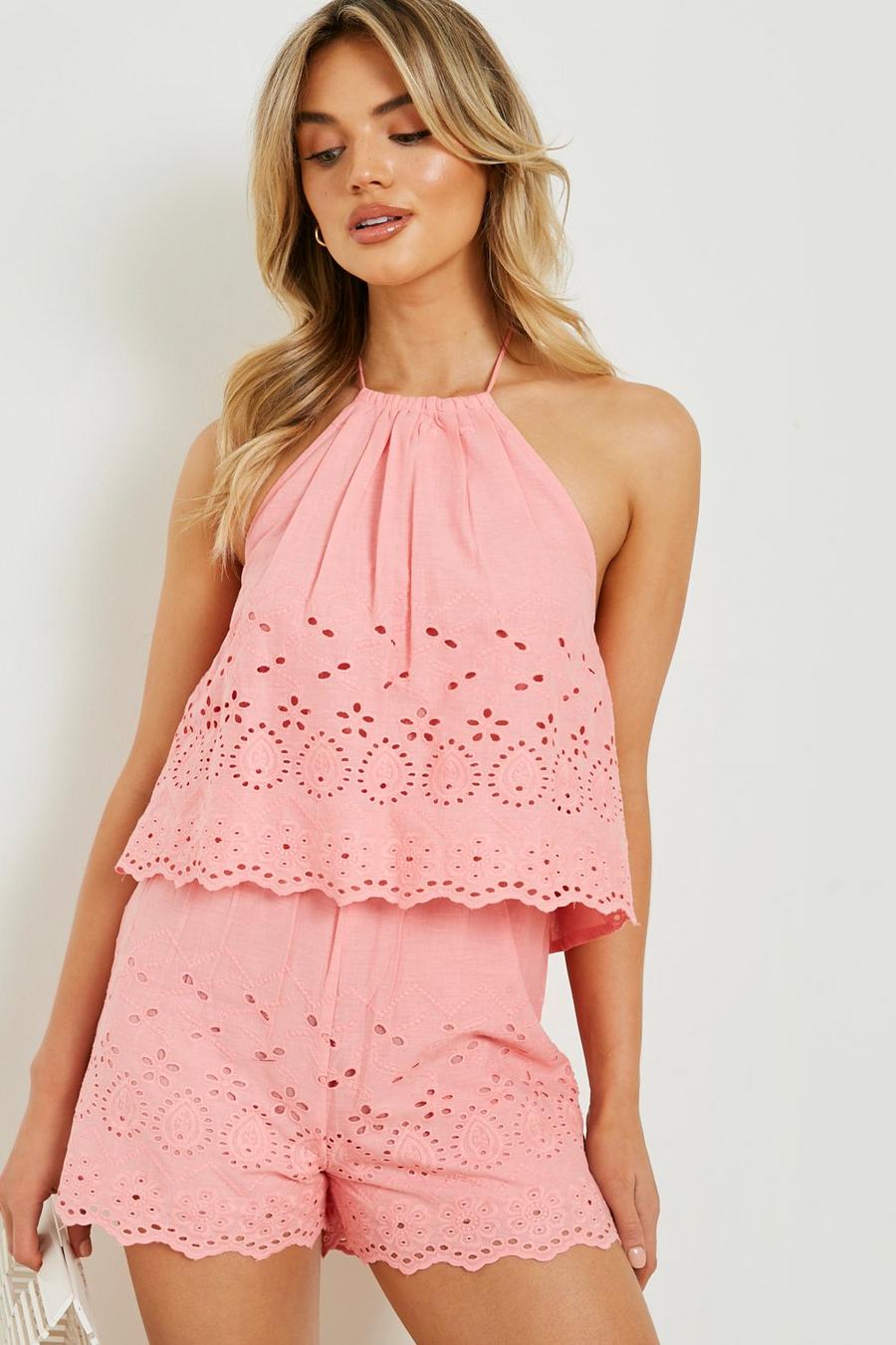 Coral Broderie Tiered Strappy Playsuit image number 1