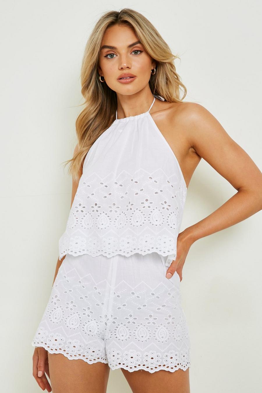White Broderie Tiered Strappy Playsuit image number 1