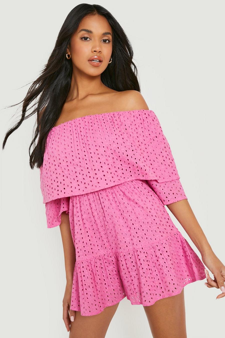 Purple Broderie Off The Shoulder Playsuit