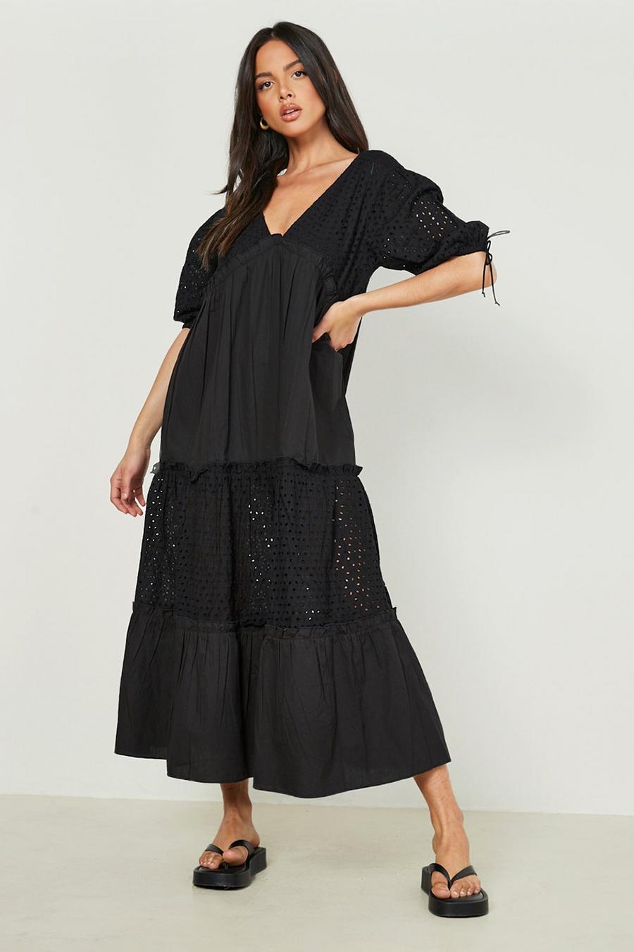 Black Broderie Tie Puff Sleeve Tiered Maxi Dress