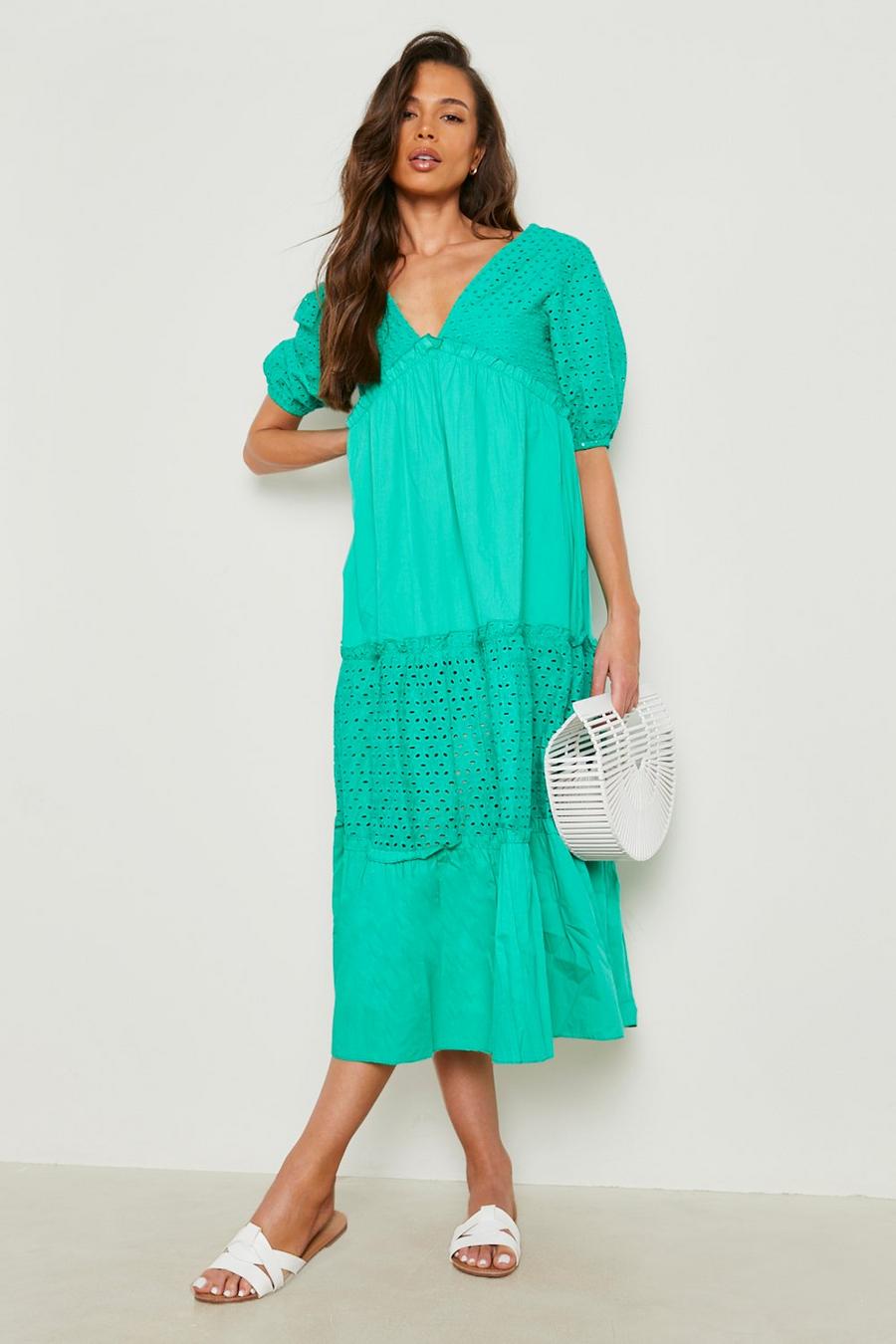 Green Broderie Tie Puff Sleeve Tiered Maxi Dress image number 1