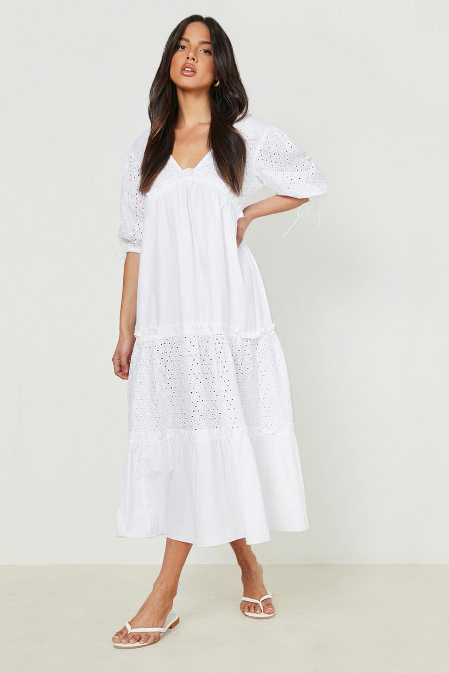 White Broderie Tie Puff Sleeve Tiered Maxi Dress image number 1