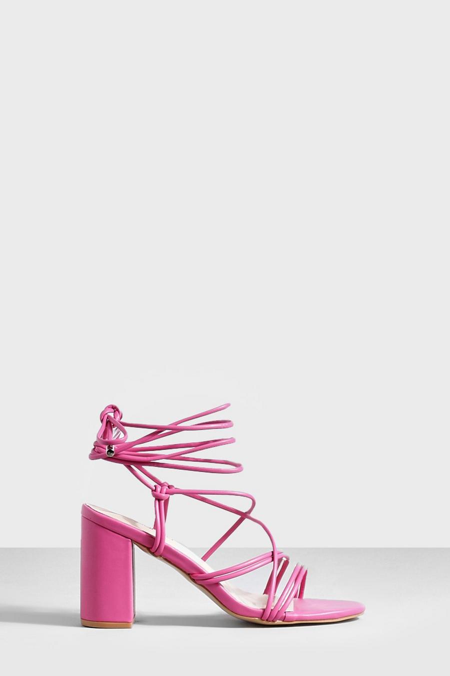 Pink rose Skinny Strap Caged Lace Up Block Heel Sandal 