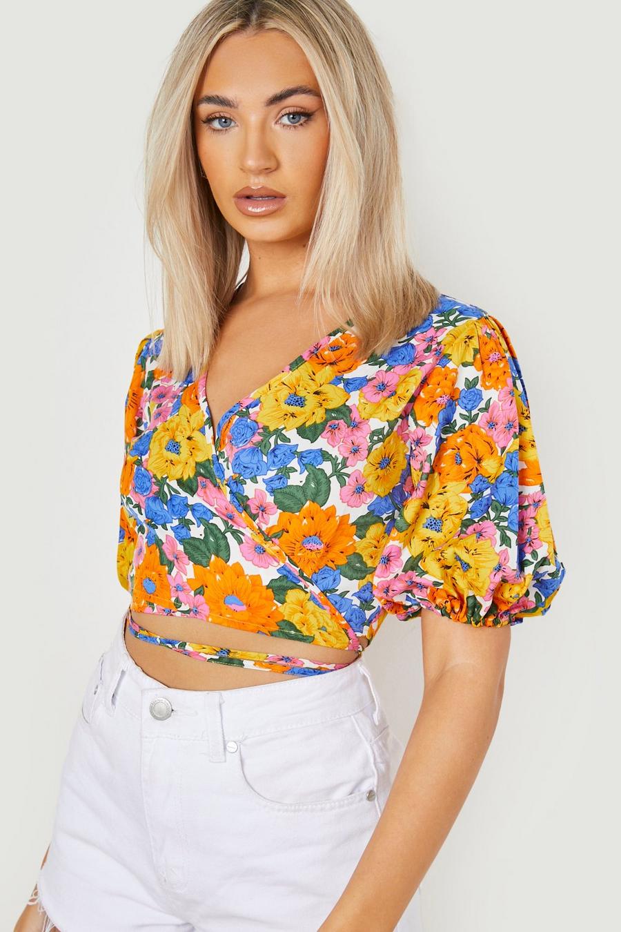 White blanc Floral Puff Sleeve Tie Back Crop Top 