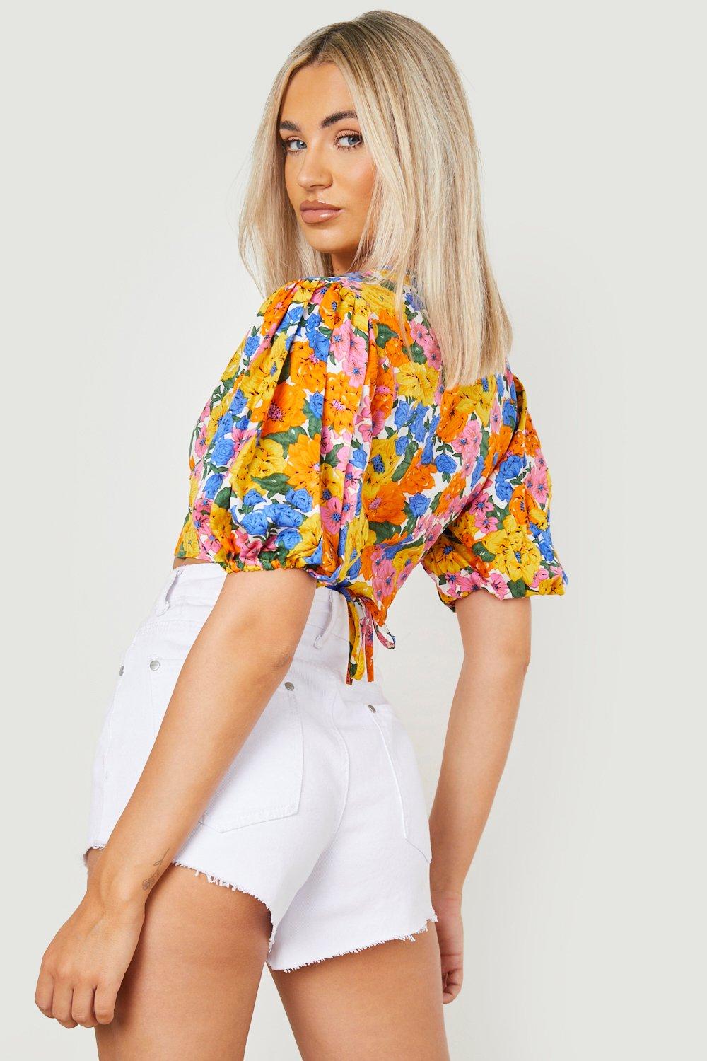 Women's Floral Puff Sleeve Tie Back Crop Top