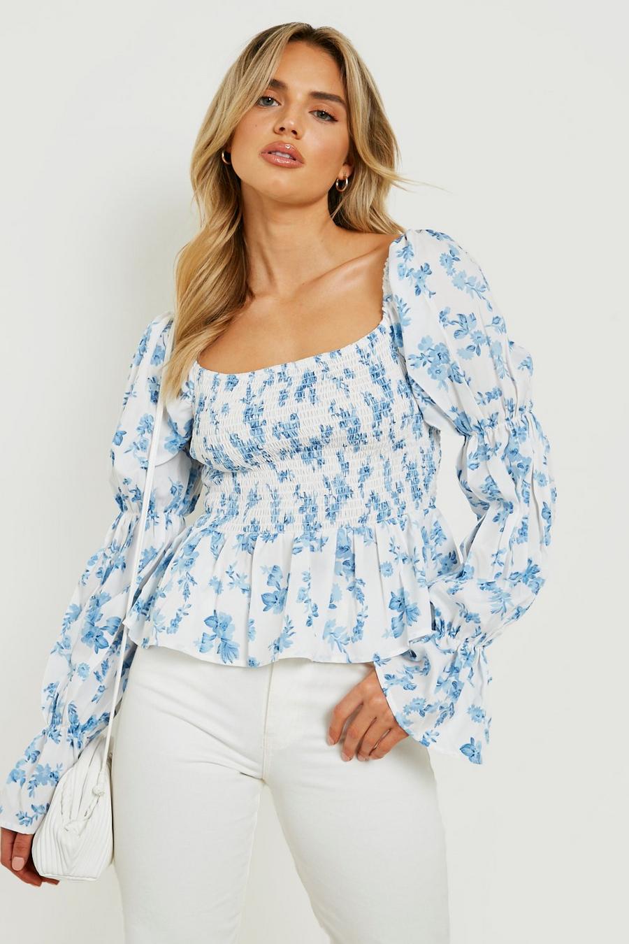 White Shirred Detail Puff Long Sleeve Top 