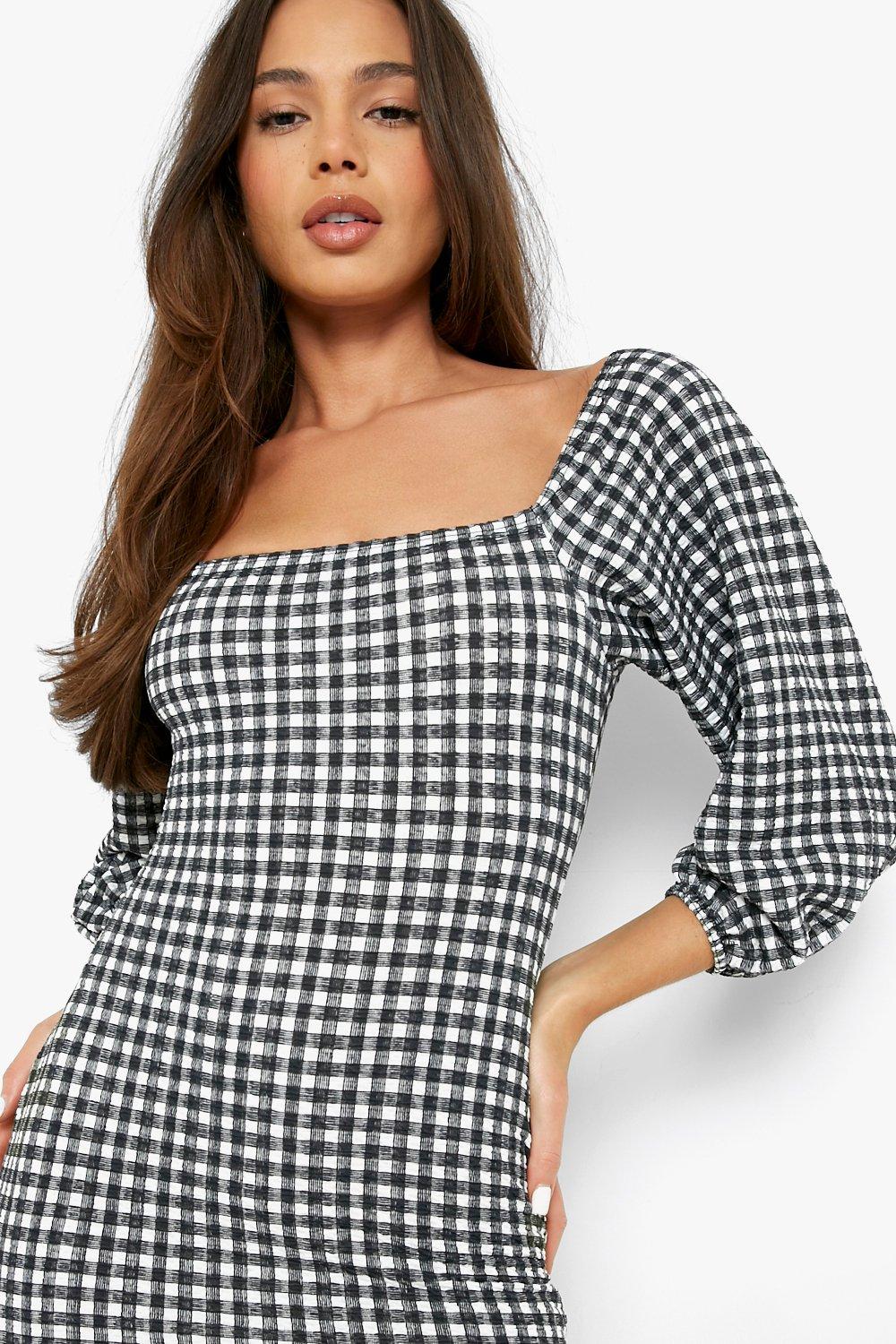 Crinkle Gingham Volume Sleeve Bodycon Dress