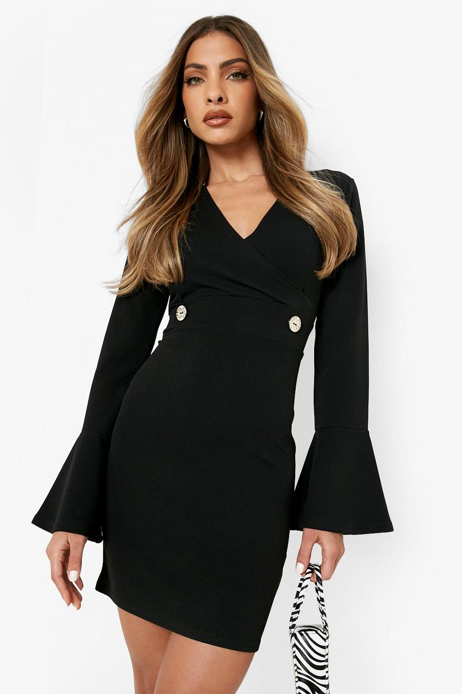 Black Flare Sleeve Double Button Blazer Dress image number 1