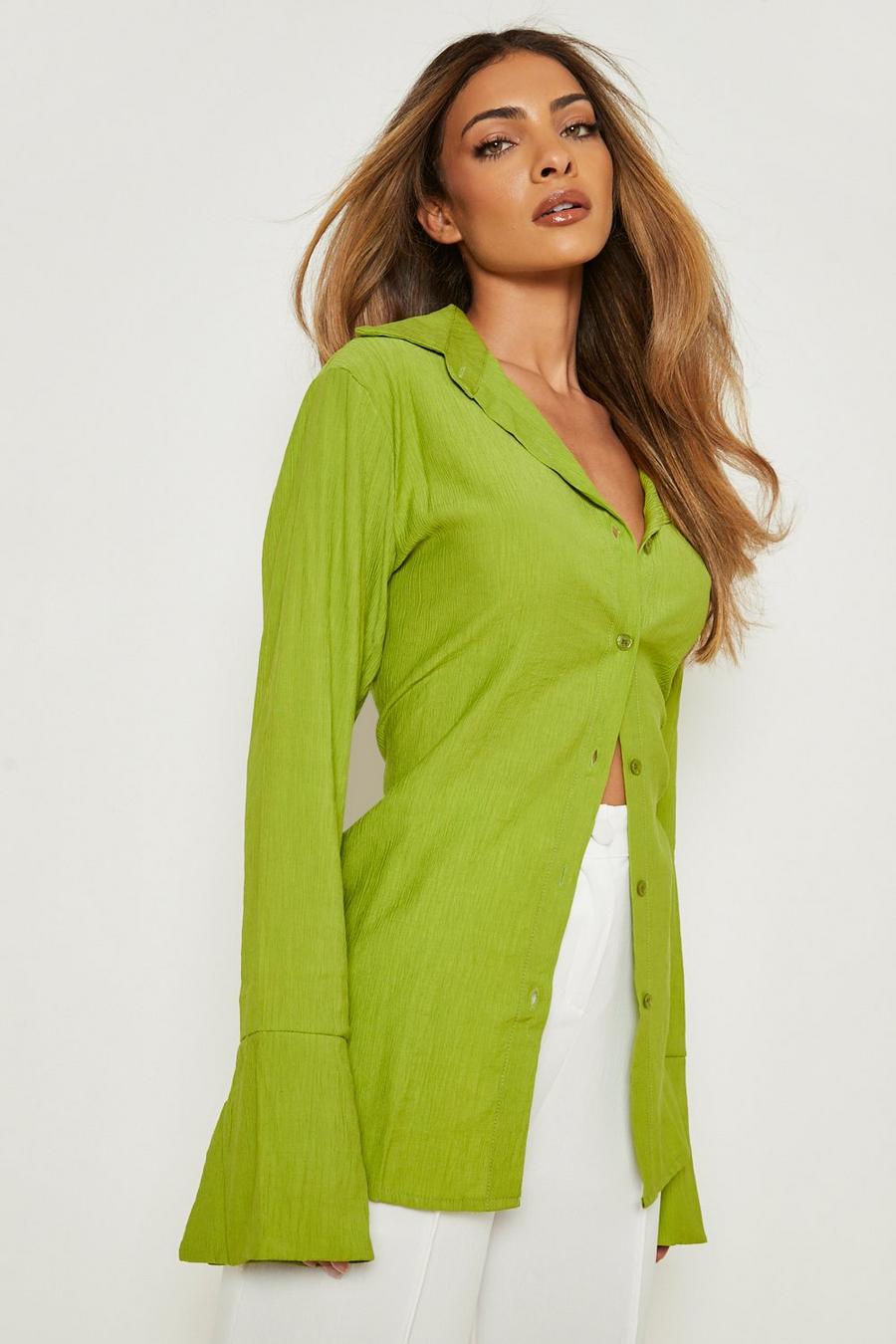 Lime green Crinkle Relaxed Fit Deep Cuff Longline Shirt