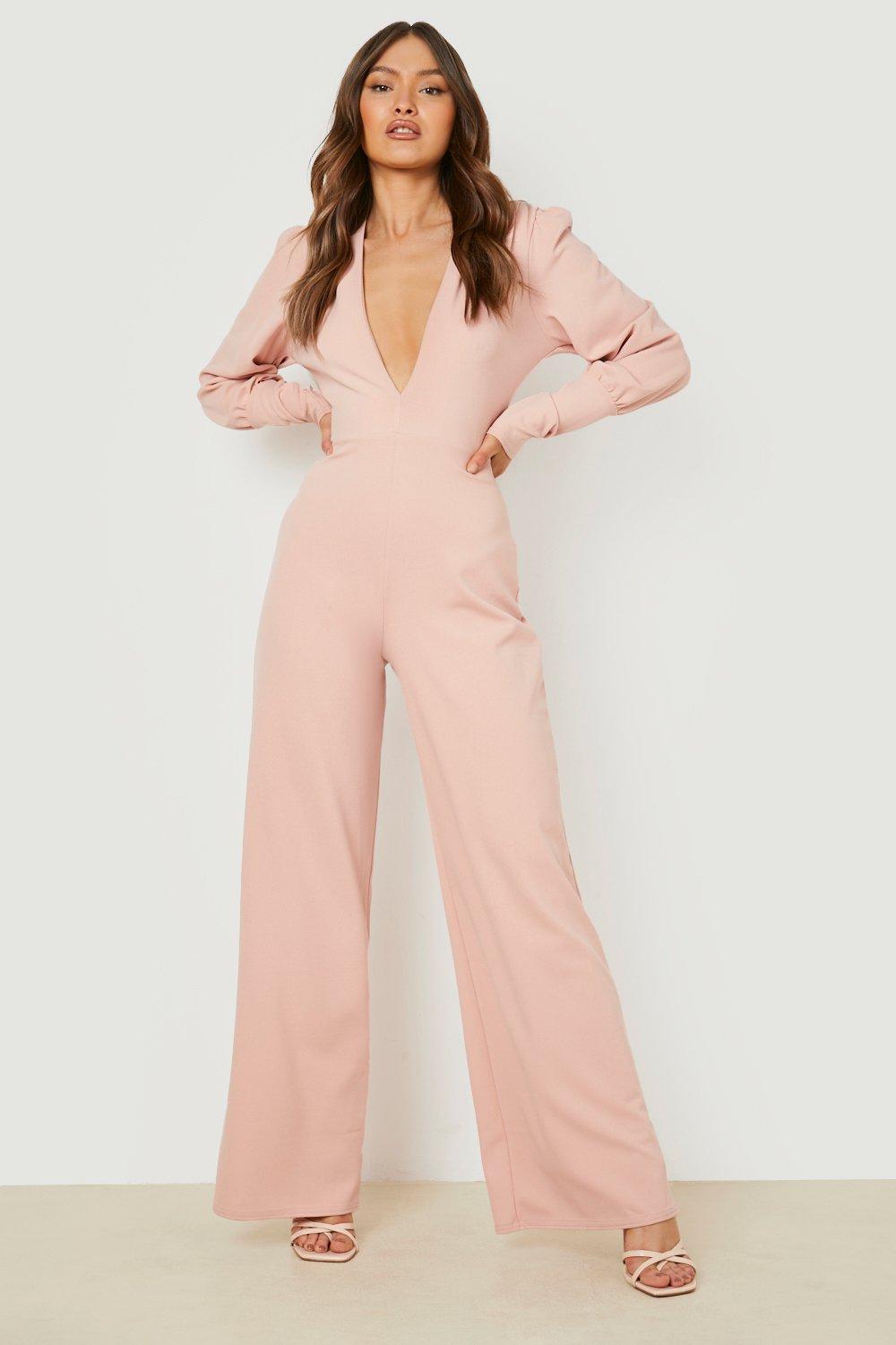 Scuba Puff Sleeve Plunge Wide Leg Jumpsuit