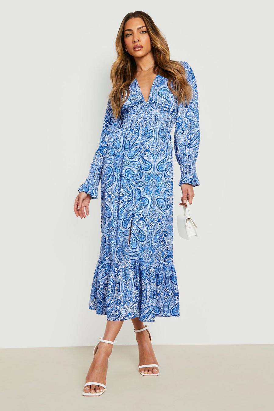 Vestido midaxi de tela con escote de pico y estampado cachemira, Blue image number 1