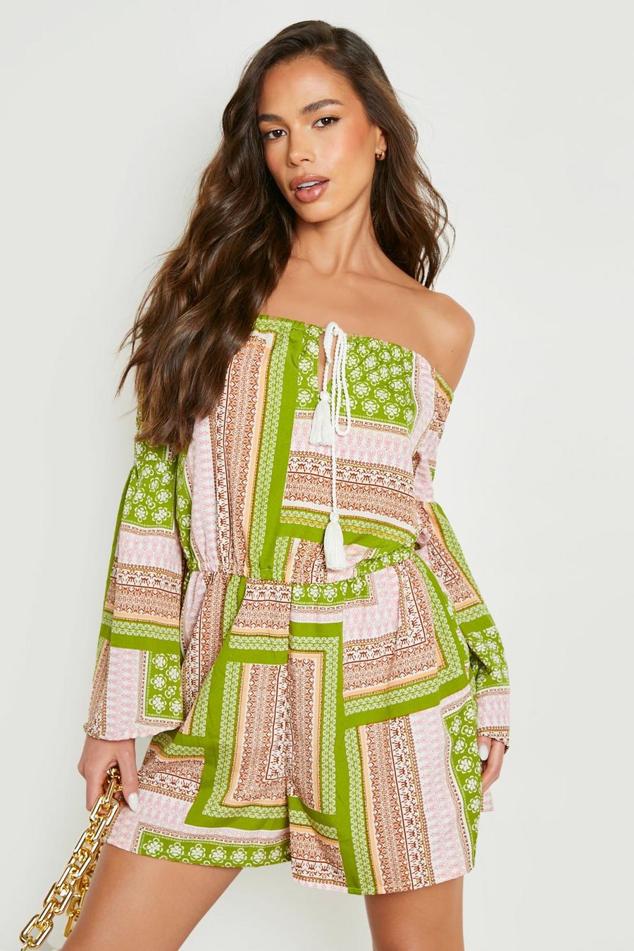 Green Scarf Print Off The Shoulder Flare Sleeve Romper