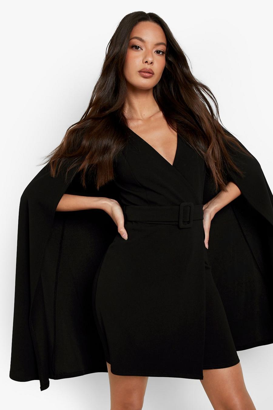 Black Plunge Cape Detail Belted Blazer Dress image number 1