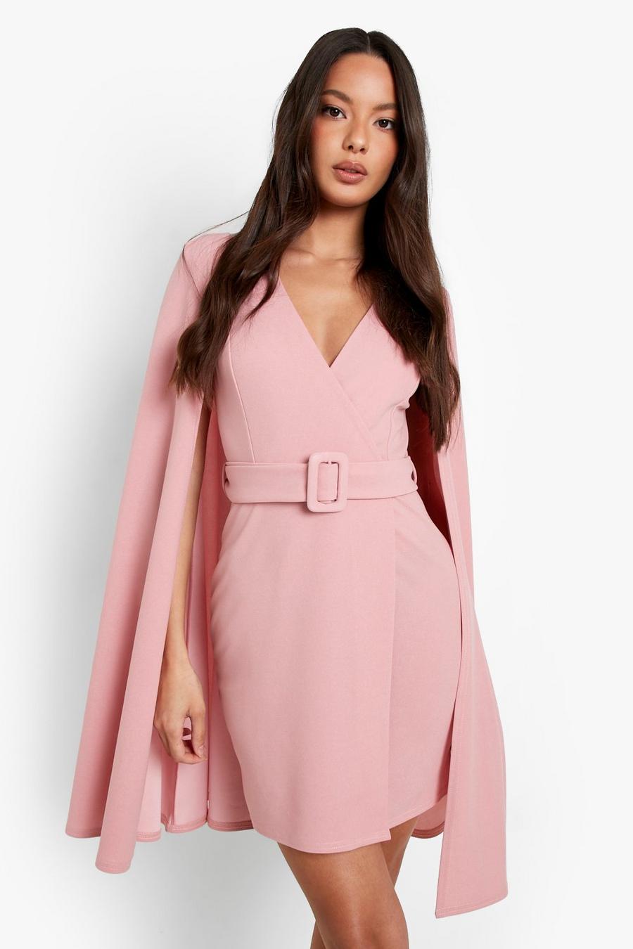 Dusky pink Plunge Cape Detail Belted Blazer Dress