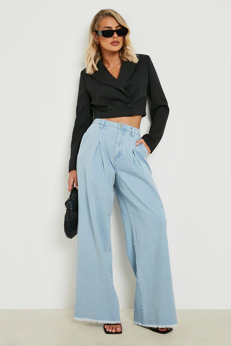 Bleach wash Pleated High Waisted Extreme Wide Leg Jeans image number 1