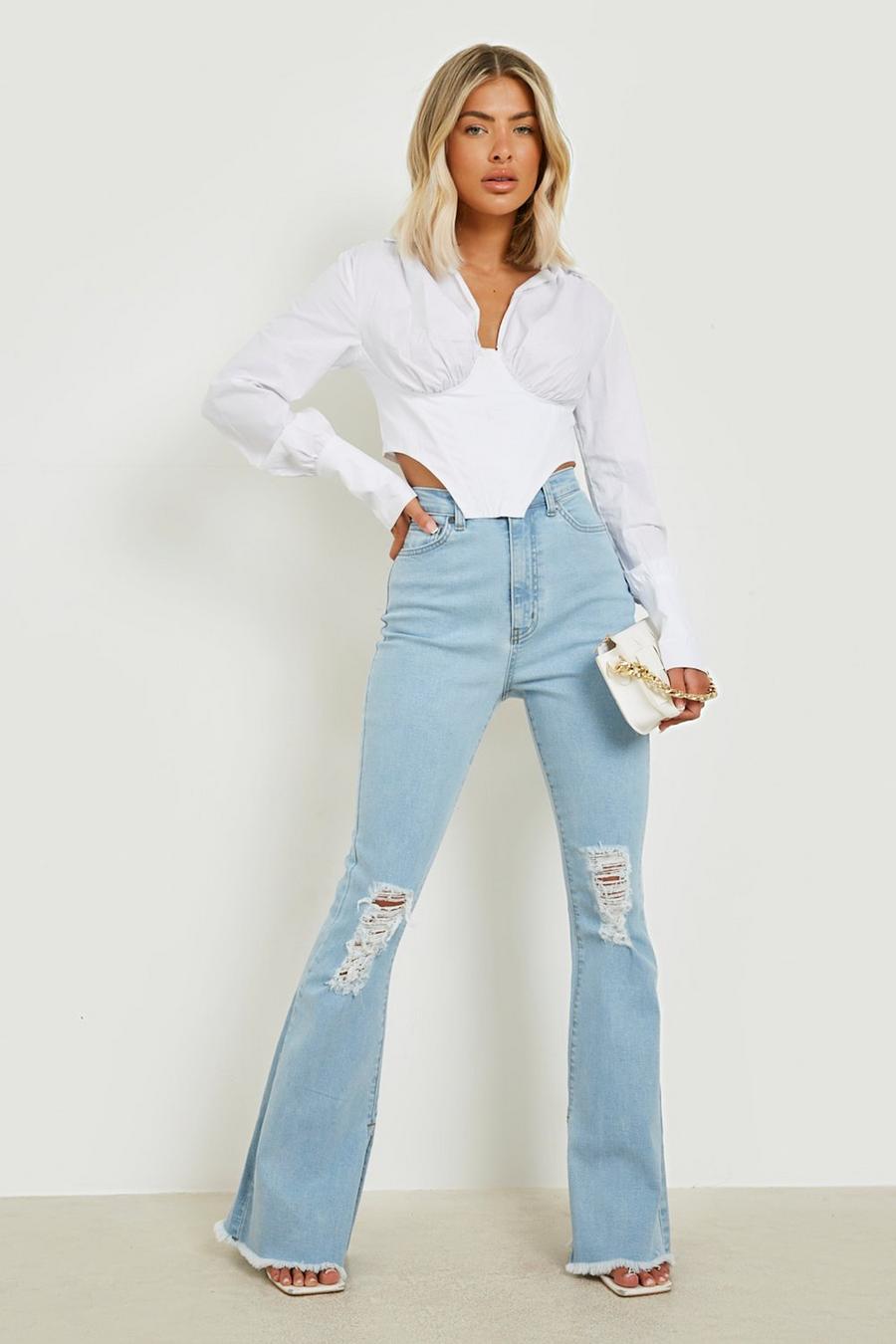 Light wash High Waisted Ripped Flared Jeans image number 1