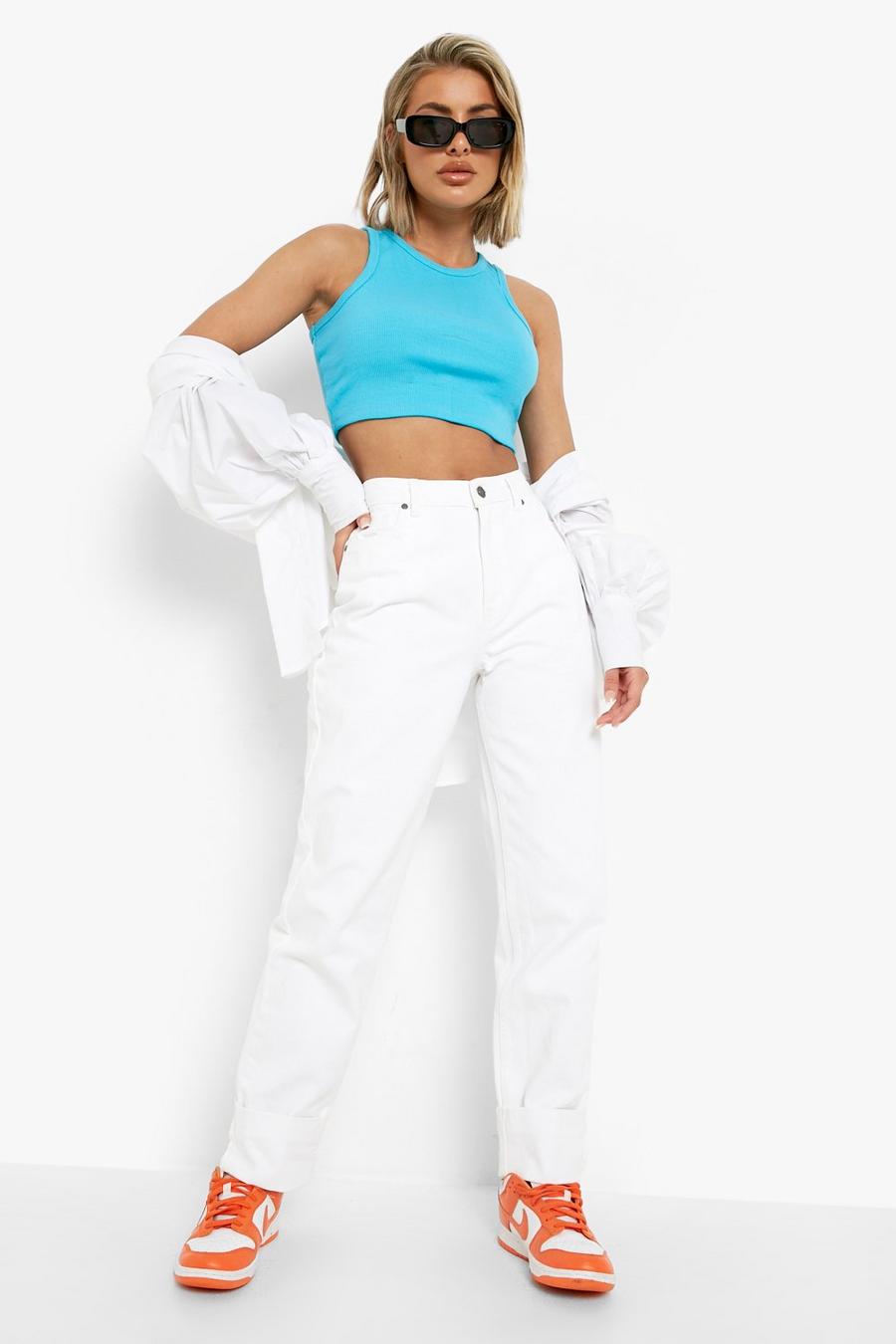 White vit Jeans i slim fit med hög midja och uppvikt kant image number 1
