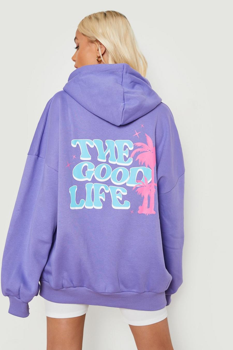 Felpa oversize con scritta The Good Life e cappuccio, Purple image number 1
