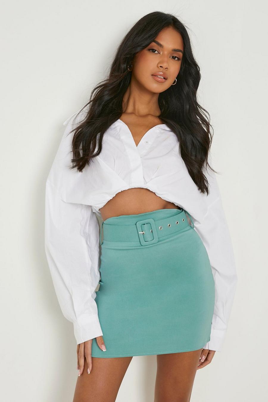 Sage Belted Curved Waist Stretch Woven Mini Skirt image number 1