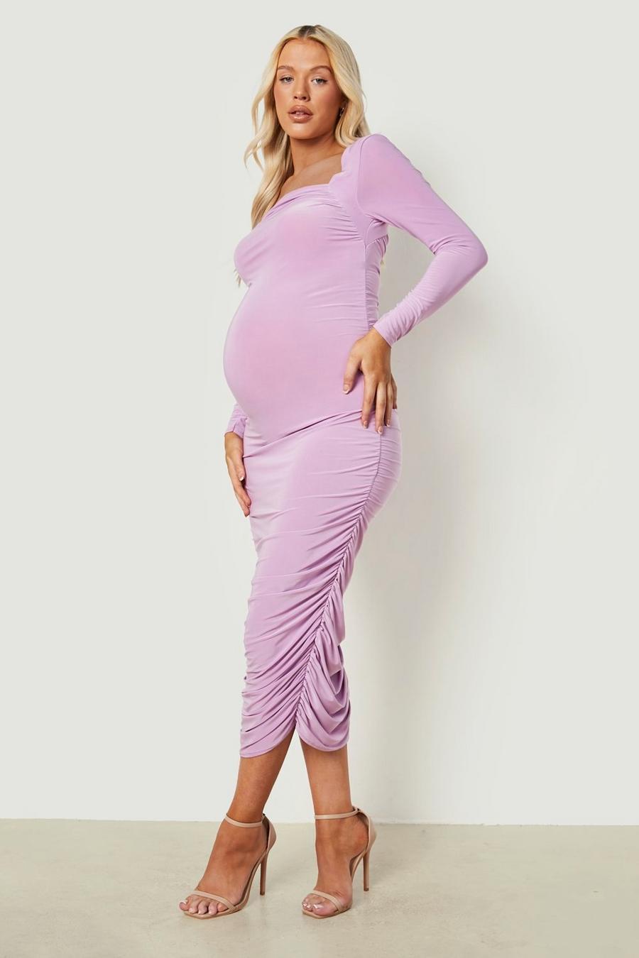 Lilac purple Maternity Square Neck Slinky Ruched Midi Dress