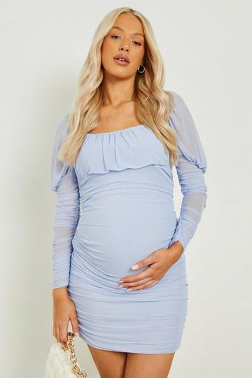 Maternity Puff Sleeve Ruched Mesh Mini Dress baby blue