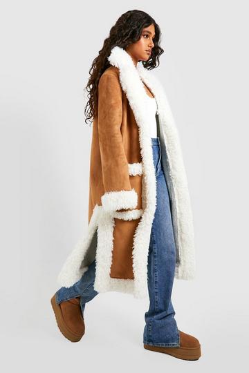 Faux Fur Trim Suedette Coat chestnut