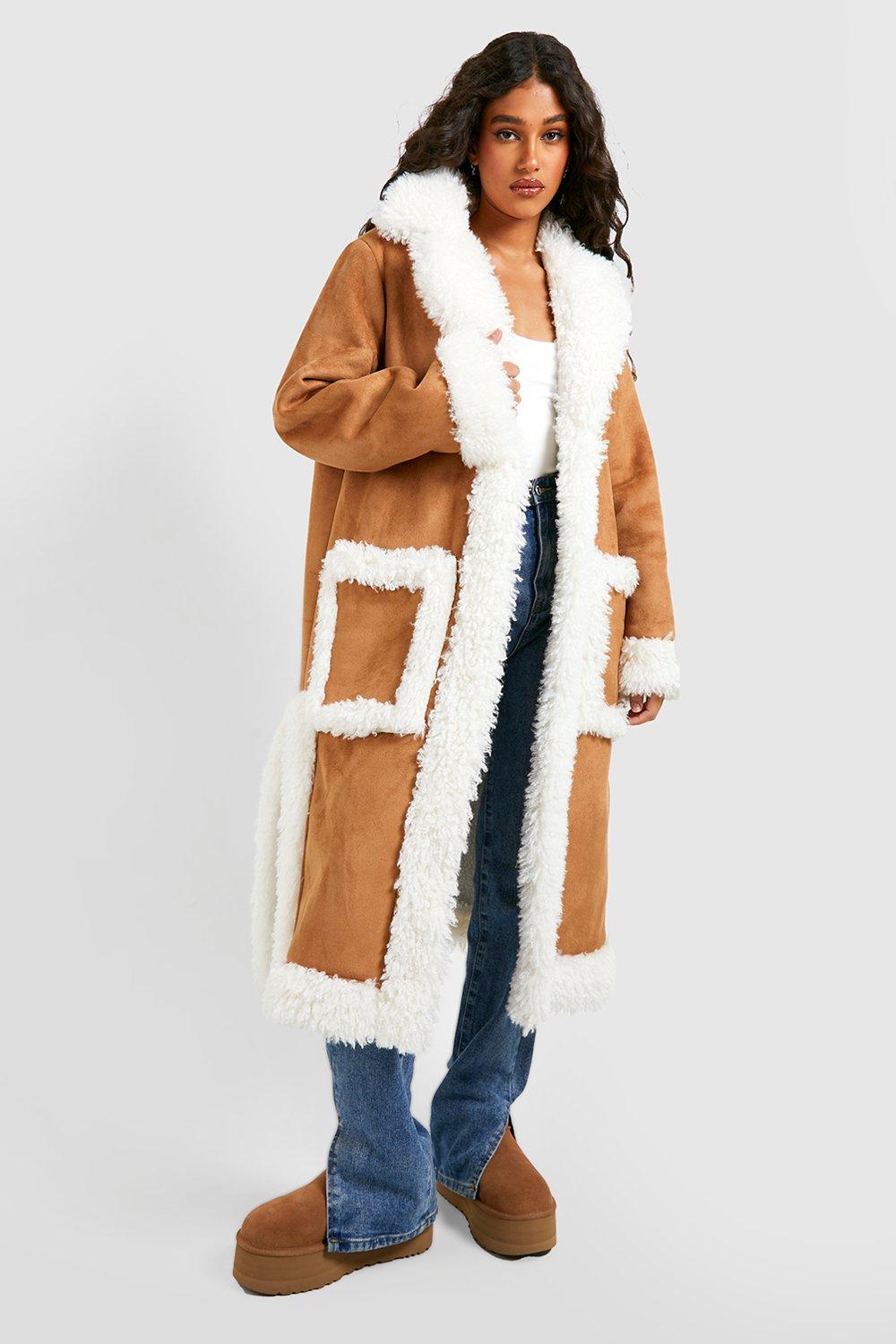 Manteau en faux daim d tails en fausse fourrure boohoo