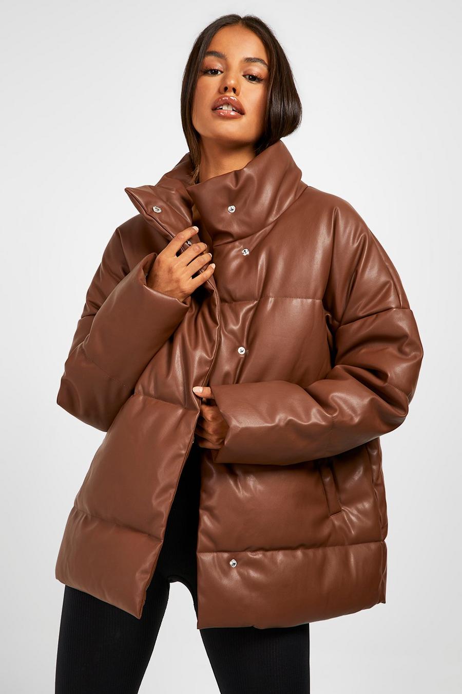 Chocolate Faux Leather Oversized Puffer Jacket image number 1