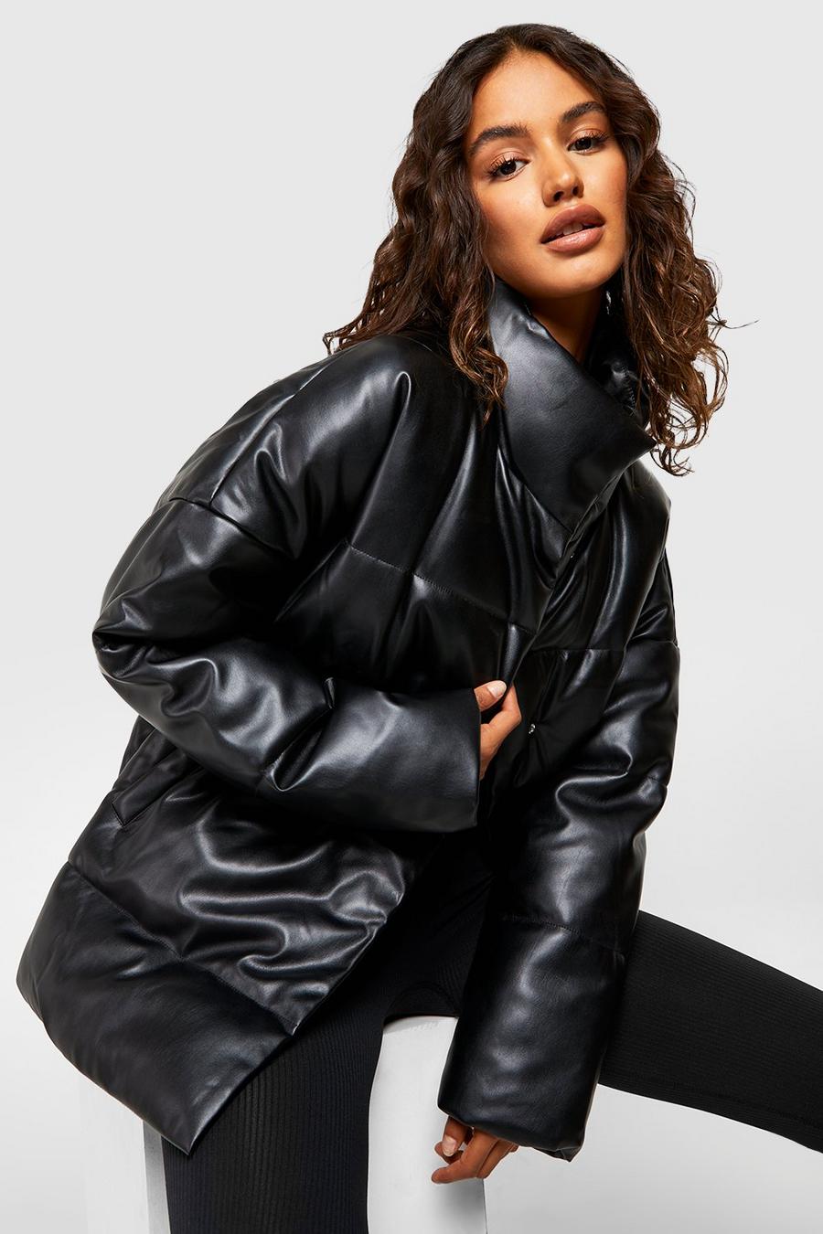 Black Faux Leather Oversized Puffer