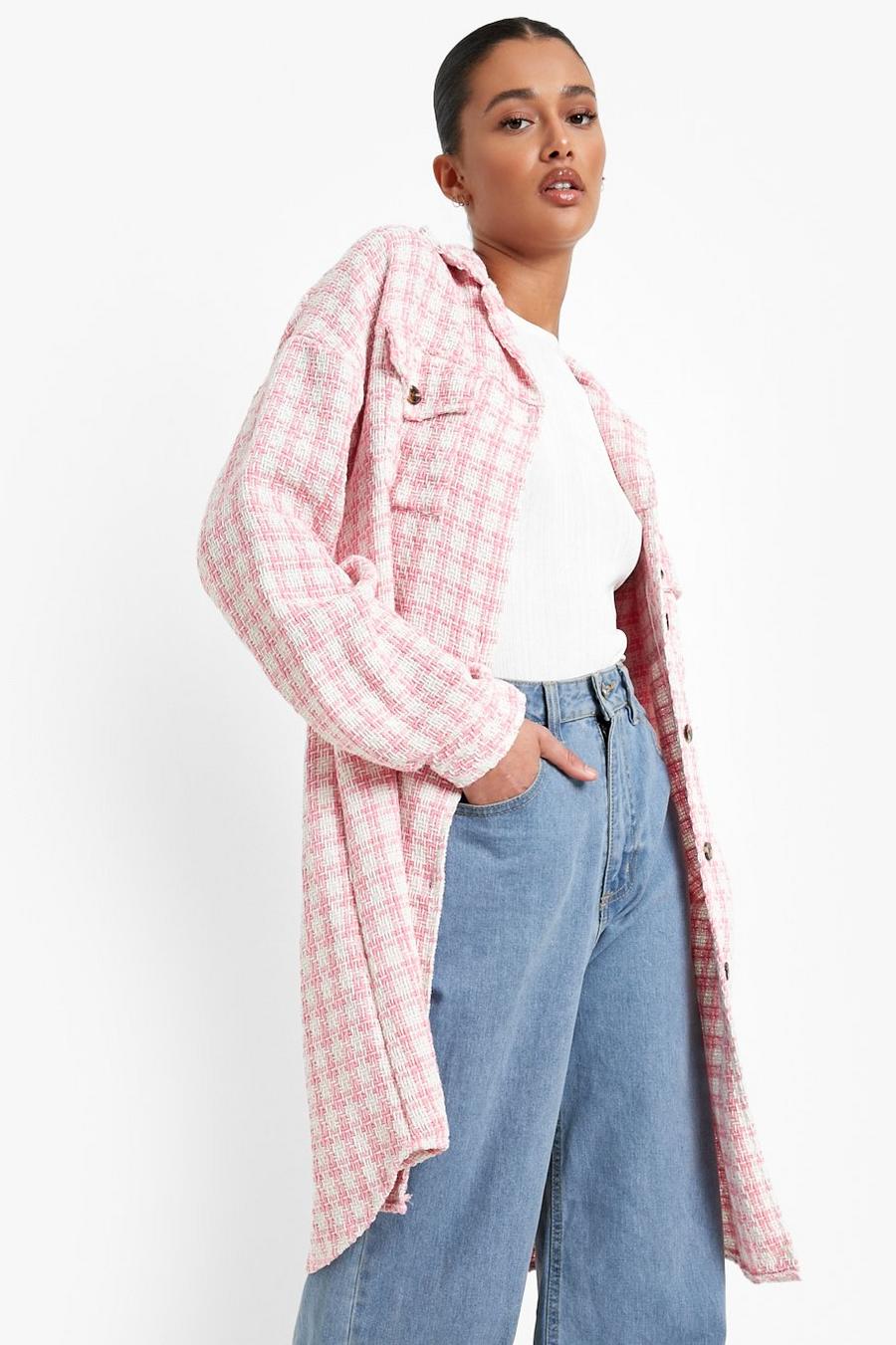 Pink Boucle Check Longline Shacket image number 1