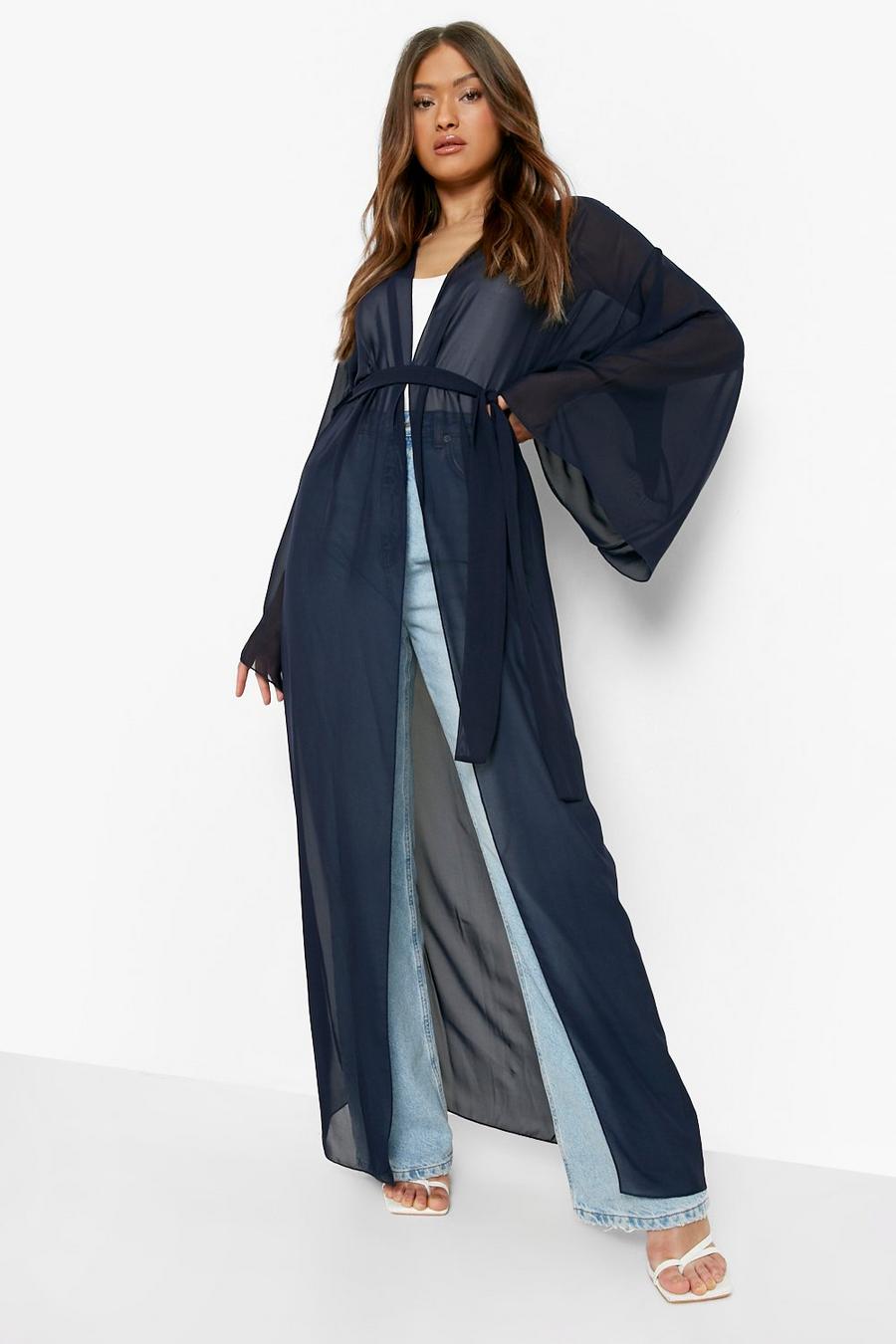 Navy Wide Sleeve Belted Kimono image number 1