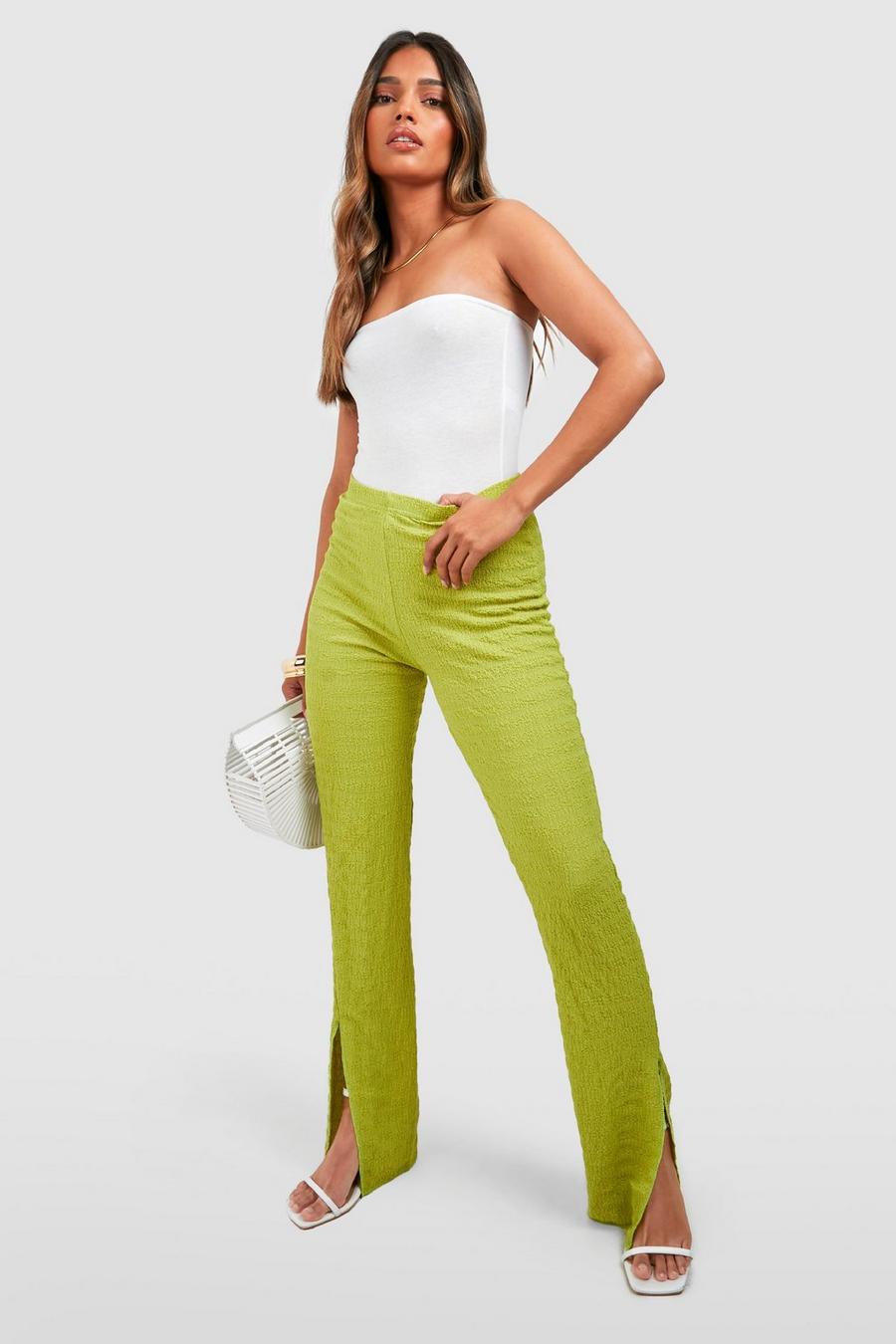 Olive green Crinkle Ribbed Split Front Trousers