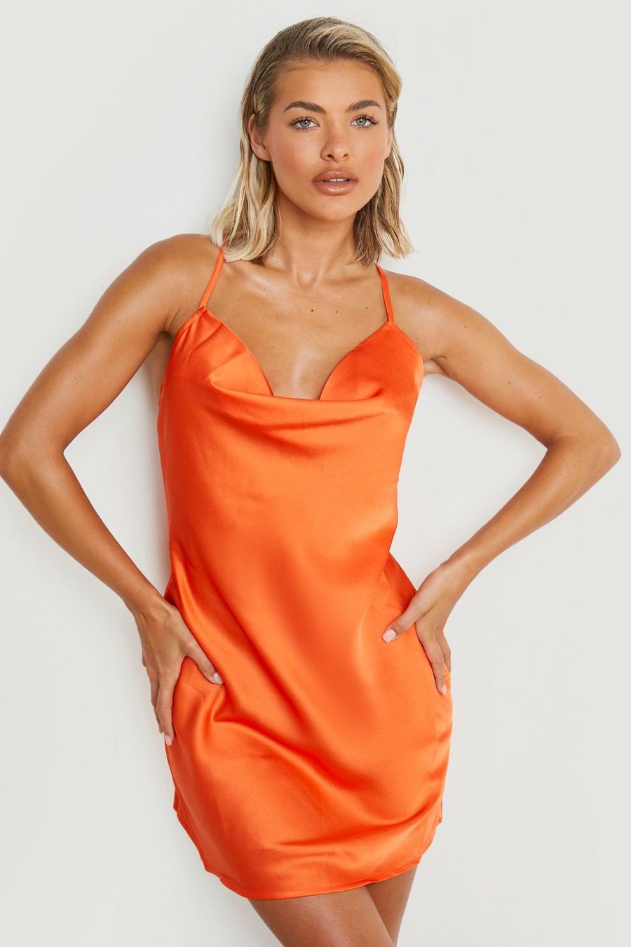 Orange Satin Cowl Mini Beach Dress image number 1