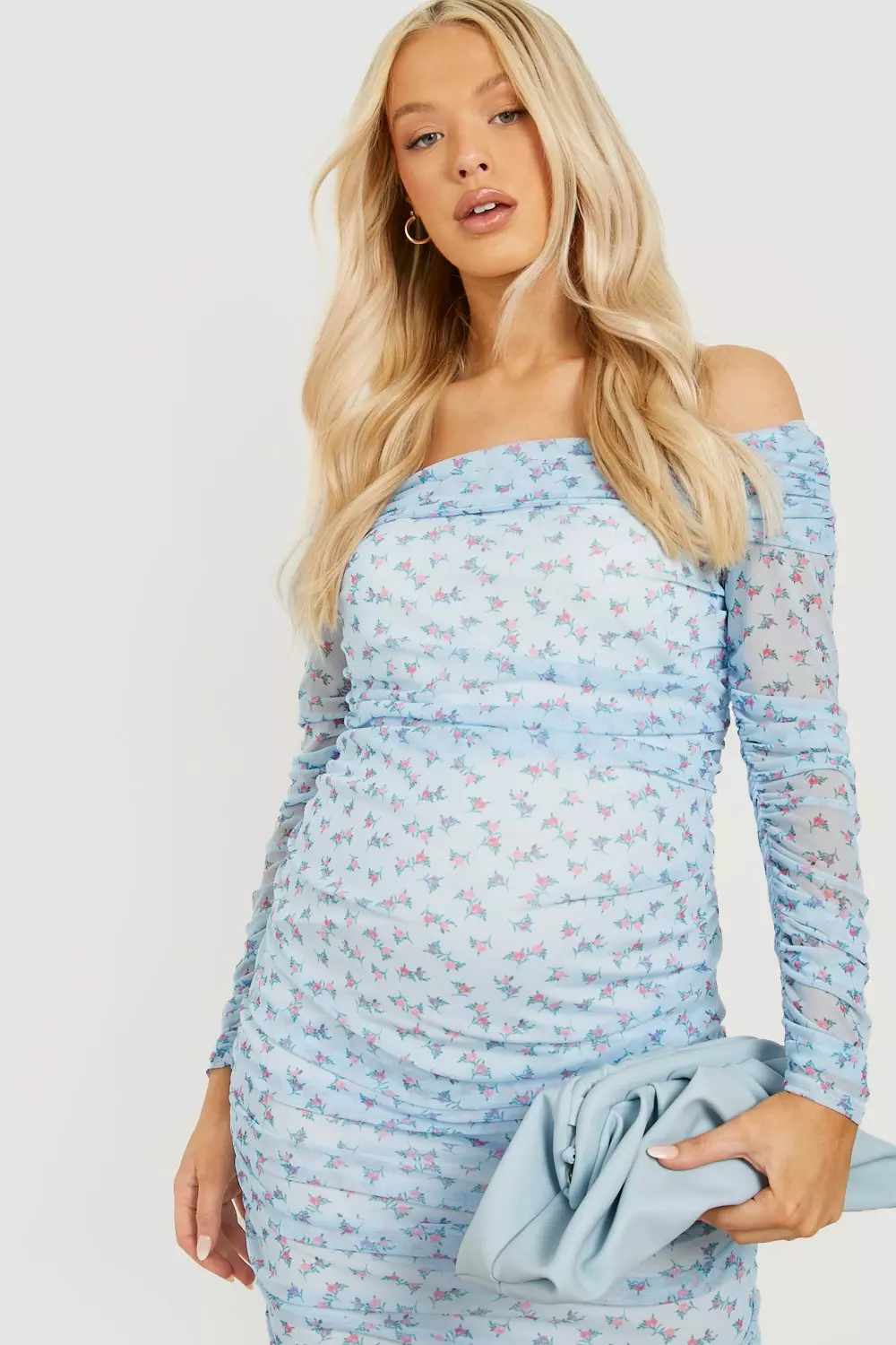 Dresses, Boohoo Maternity Ditsy Print Mesh Midi Ruched Dress