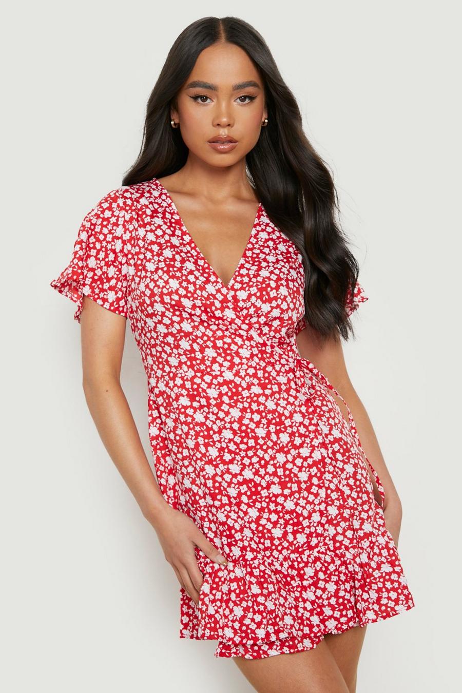 Red Petite Woven Floral Print Wrap Tea Dress image number 1