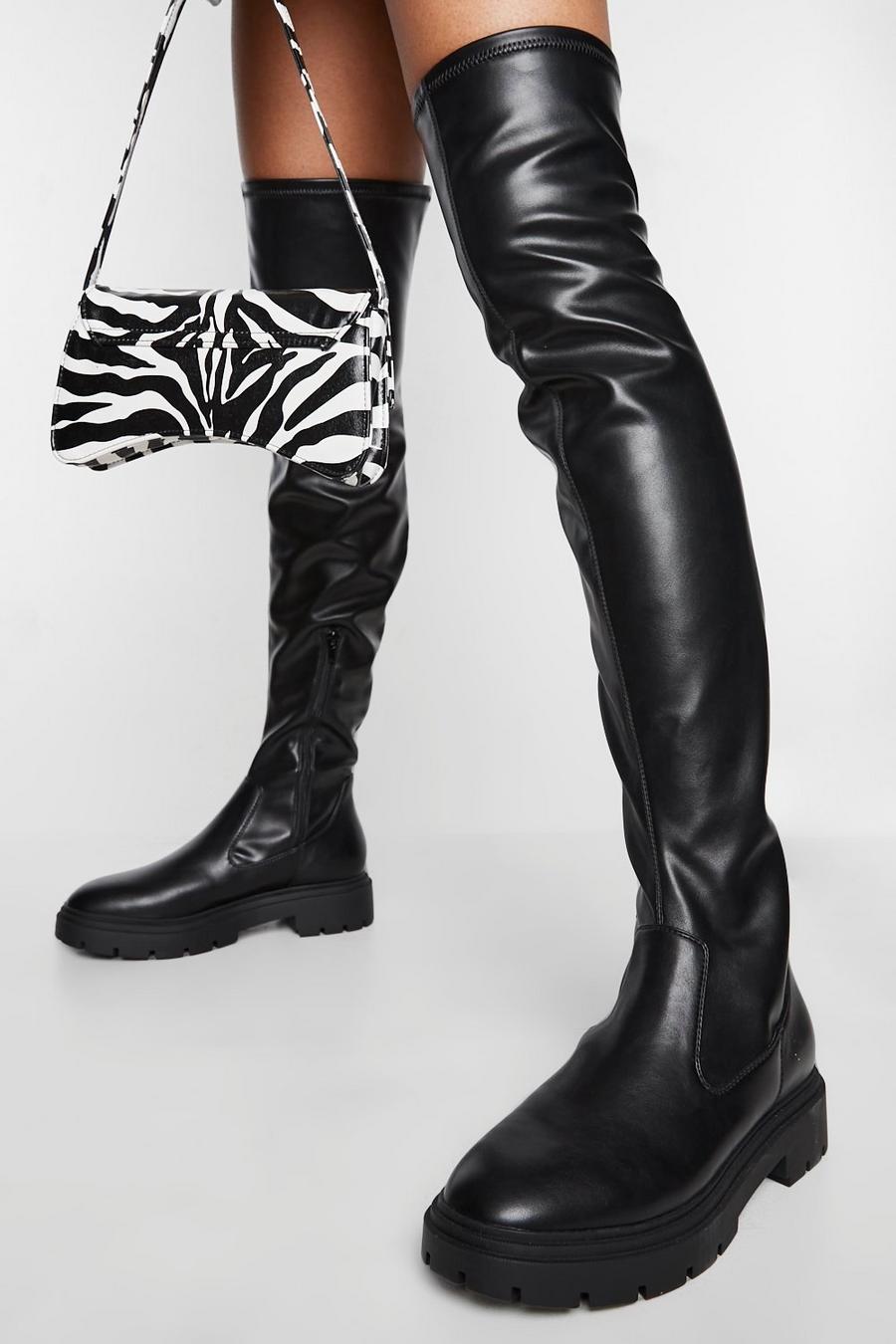 Black Chunky Flat Over The Knee Boots image number 1