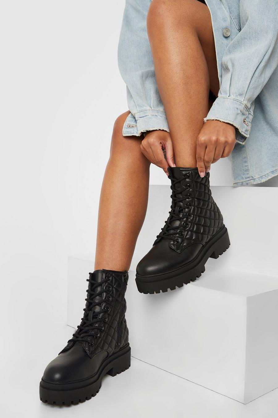Black Quilted Panel Chunky Hiker Boots image number 1