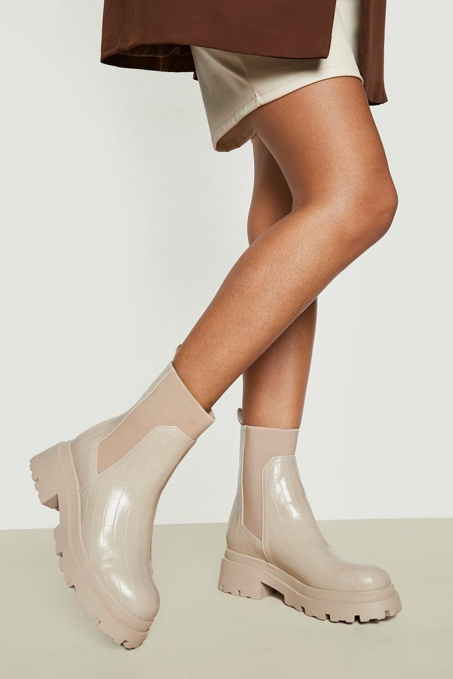 Ecru white Croc Heeled Chelsea Boots