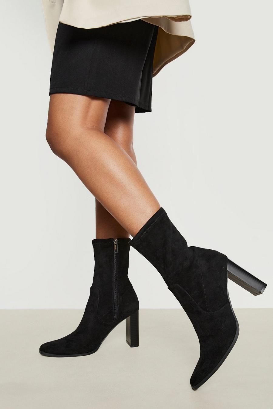 Black svart Square Toe Heeled Sock Boots